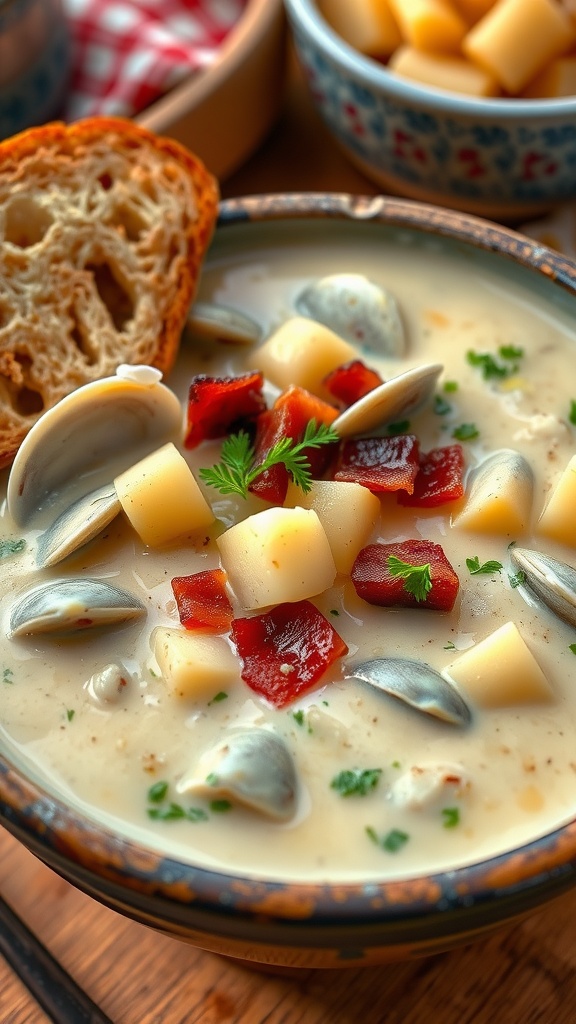 A bowl of clam chowder with clams, potatoes, and bacon, garnished with parsley, alongside a slice of rustic bread.
